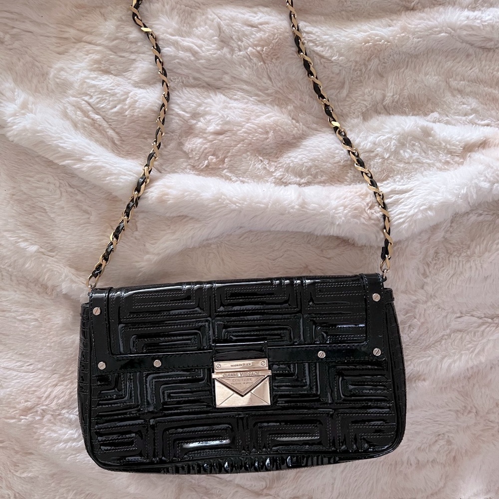 Black Versace Patent Clutch with gold metal clasp - Picture 5 of 10